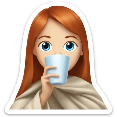Redhead girl with straight bangs and blue eyes drink tea under blanket sticker
