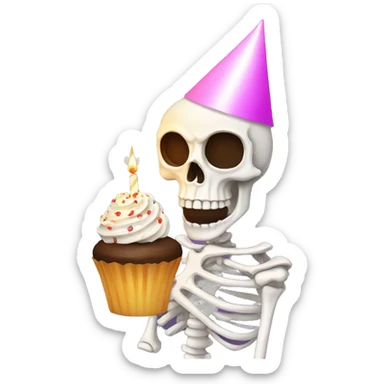 Skeleton wearing birthday hat while holding a cupcake with a lit candle sticker