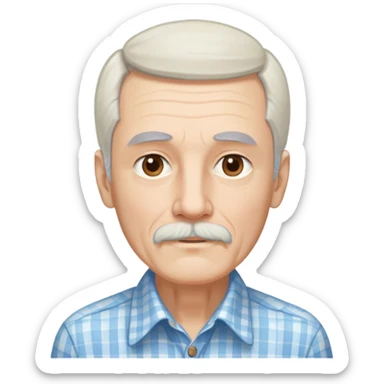 Skinny man in his 70s with fair skin. Long narrow face. Gentle light brown eyes. Fine straight white hair with light bangs, hair length extends below the ears. Thin eyebrows. White goatee connected to mustache. Slender appearance. Wearing a light blue and beige checkered button-up shirt. sticker