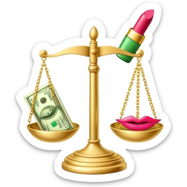 gold scale with green dollar bills on left side and lipstick and nail polish on right side sticker