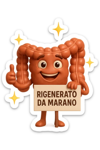 fammi un intestino identico a questo, ma felice e con le scintille di splendore dorate sopra, si sta rinnovando come se fosse in ottima salute, in mano ha un cartello con la scritta "RIGENERATO DA MARANO" sticker