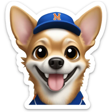 Chihuahua with a huge smile with a Black Mets uniform  sticker