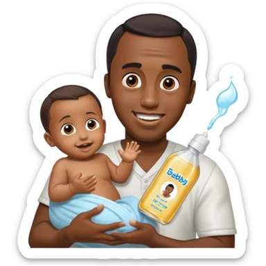 Sean “Diddy” Combs with baby oil and a very small infant and he’s pouring the baby oil on the baby and they have a scared face they’re really scared while diddy is happy sticker