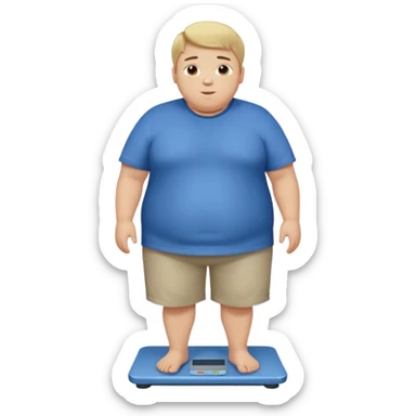A young slightly overweight male with short dark-blonde hair, medium-light skin, and a relieved facial expression. He stands on a scale, visibly noticing he has lost weight. He wears blue cloth. His posture shows a mix of surprise and relief, with relaxed shoulders and a gentle smile. sticker
