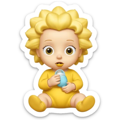 A 3D cartoon baby character entirely yellow, styled like Maggie Simpson, with pacifier, yellow onesie, big eyes, smooth shading, Memoji-style rendering, consistent with other yellow Simpsons characters, yellow skin tone. sticker