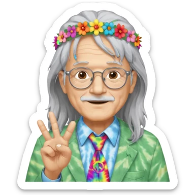 elderly man with long grey hair, glasses, peace sign necklace, tie-dye clothing, flower crown sticker