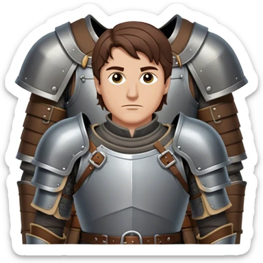 medieval battle armor worn by a DnD themed fantasy character. basic heavy plate cuirass over a padded gambeson with a high steel collar. armor only above the waist. The armor full waist. The character's haven't arms. character is brown hair brown eyes short straight hair white man. sticker