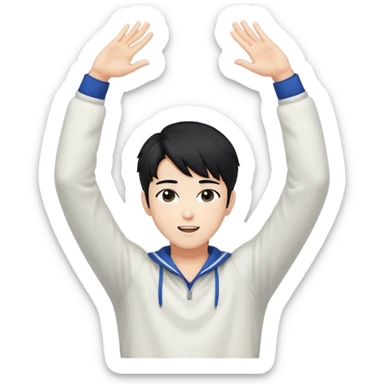 Black-haired male idol with arms raised above his head, K-pop style, energetic pose sticker