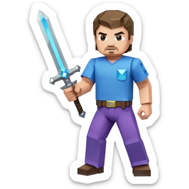 Jack Black as Minecraft Steve in combat pose holding sword, blocky character with brown hair, blue shirt, and purple pants sticker