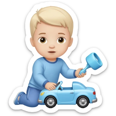 cute toddler boy with pastel blue clothes playing with a blue toy car sticker