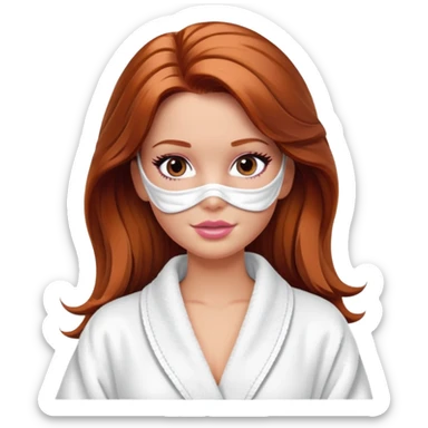 A Barbie face with shoulder-length reddish-brown hair, makeup, a smeared face mask, and a bathrobe. sticker