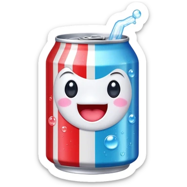 Cute Kawaii Soda Can, bubbly and vibrant, bright red and blue stripes, playful fizz popping around, a chubby happy face with wide sparkling eyes, energetic and refreshing! sticker