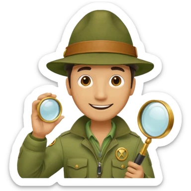  man in beige moss green explorer outfit, hat, holding magnifying glass, smile sticker