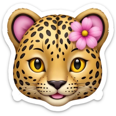 A leopard with peaceful smile, A pink flower with a yellow center is tucked behind its right ear
 sticker