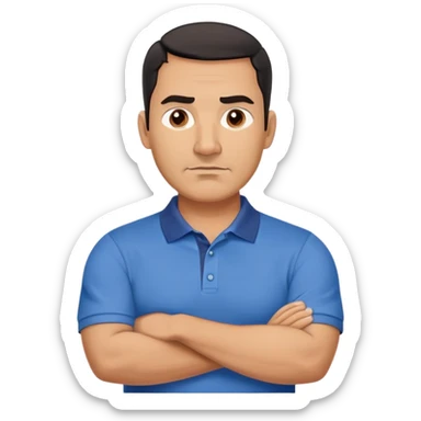 Strong built middle-aged Hispanic man with tan complexion, square masculine face with defined jawline, short black hair with clean fade cut, medium dark brown eyes, thick eyebrows, wide nose, neutral expression, wearing blue polo shirt sticker