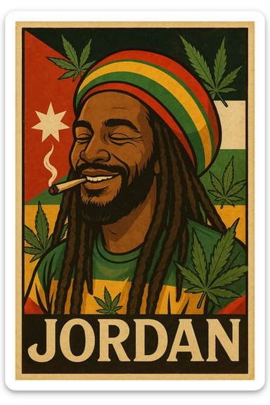 A digital vintage-style poster illustration of a Jordanian Rasta man with dreadlocks, wearing a red, yellow, green striped tam hat. He is smiling peacefully with a lit herbal spliff in his mouth. The background features the official Jordan flag — black, white, green horizontal stripes with a red triangle and a white 7-point star — accurately displayed behind him. Cannabis leaves are tastefully arranged around the composition, and the poster includes Rasta color textures blended with the Jordanian palette. Use a retro poster style with warm, slightly aged textures, bold outlines, and soft shading to evoke a soulful reggae vibe that honors both Jordanian pride and Rasta spirit. The mood is chill, powerful, and respectful sticker