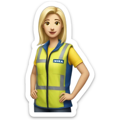 Ikea coworker blond woman blue stripes t-shirt and yellow security vest sticker
