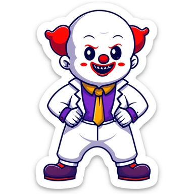 full-body demonic clown in a white leisure suit with bellbottom pants, bald, black ram horns, elevator shoes, flashy belt, ruffled shirt, colorful tie sticker