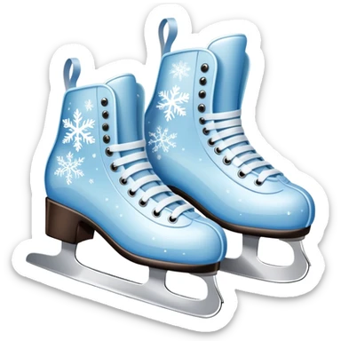 An icon showing In the background, twinkling lights, winter trees, and cheering spectators create a festive atmosphere. a pair of elegant ice skates gliding across a smooth, frozen rink with snowflakes in the air. Transparent background highlights the grace and charm of ice skating. sticker