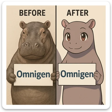 two hippo holding sign of omnigen, half picture 1 hippo is realistic another half is the anime of that same second hippo, with before after mark sticker