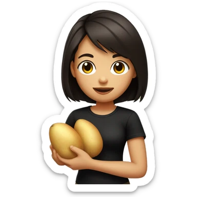 Girl with dark brown bob haircut and fair skin in black t-shirt holding a potato  sticker