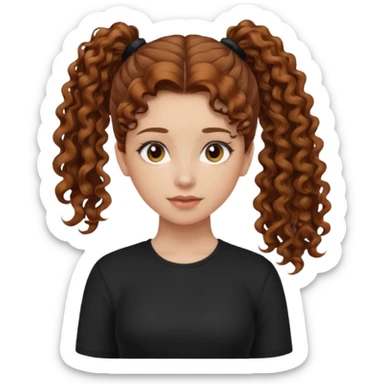 Girl, chestnut colored curly hair, set up ponytail hair, black shirt sticker