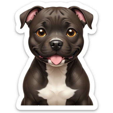 Cinematic Cute Black/Brindle Staffordshire Bull Terrier Portrait Emoji, Head tilted playfully and inquisitively, featuring a glossy Fur with a dynamic mix of black and brindle, round, sparkling dark eyes filled with curiosity, Simplified yet irresistibly adorable features, highly detailed, glowing with a warm, friendly glow, high shine, affectionate and spirited, stylized with a touch of whimsy, bright and endearing, soft glowing outline, capturing the essence of a mischievous yet loving pup, so playful it feels like it could bound out of the screen and into your arms! sticker