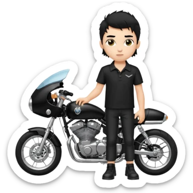 generate a pretty fair bratz boy with a messy mullet (black hair), wearing a BLACK polo.  standing witha superbike sticker