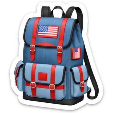 a blue denim backpack with a flap top, two vertical black buckle straps on the front. The backpack has two side pockets and a soft square shape. at front view bottom pocket, red and with two divided logo like simple american flag

 sticker