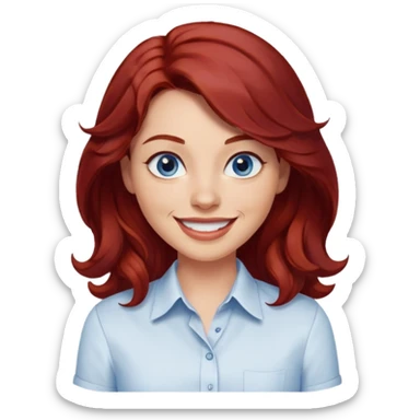 Create a custom emoji-style character inspired by a smiling woman with medium length, wavy dark red hair, light skin tone, and dark blue eyes. Emphasize a mischievous expression with a bright smile. sticker