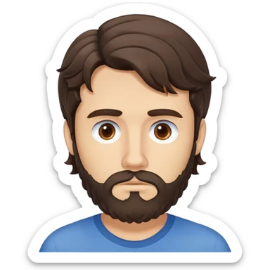 Caucasian man with wavy dark brown hair styled loose with wavy fringe, medium-length wavy hair, short full beard, neutral serious expression, simple blue shirt sticker
