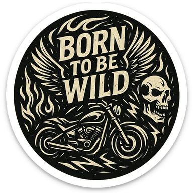 circular design pattern for a motorcycle helmet with transparent background, featuring the text 'Born to be wild' prominently, including motorcycle motifs such as a motorcycle, flames, wings, and skull, in a unique and distinct graphic style different from previous styles sticker