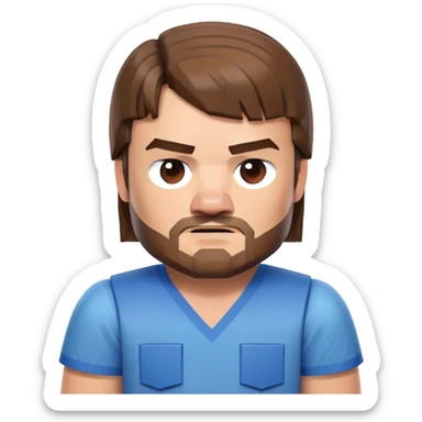 Jack Black as Minecraft Steve portrait, just face and shoulders, blocky character with brown hair, beard, and blue shirt sticker