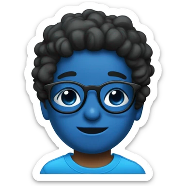 Niño con el pelo negro Y corto gafas azules una camiseta azul con un dibujo  sticker