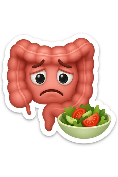 EMOJI STILE IPHONE DI UN INTESTINO UMANO ANATOMICO CHE GUARDA UN INSALATA CON ESPRESSIONE TRISTE E RASSEGNATA IN VOLTO: SOFFRE LA FAME PERCHé è A DIETA, FAGLI ANCHE LA PARTE BIANCA DEGLI OCCHI, NON SOLO LE PUPILLE sticker