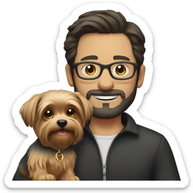 Dark haired white guy with facial hair and glasses holding a yorkie  sticker