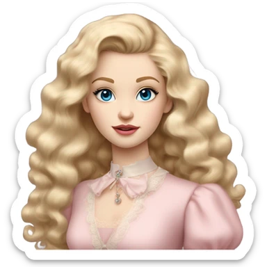 girl blonde hair pale skin blue eyes. Pink lips blush skinny nose siren eyes (model face) (but not too much). Vintage blowout with long hair not too curly.  light pink dress, puffed sleeves, dainty choker necklace (think Versailles but not too much).  sticker