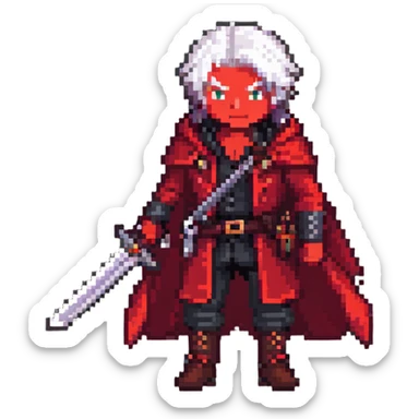 Dante from Devil May Cry with white hair, red coat, sword sticker