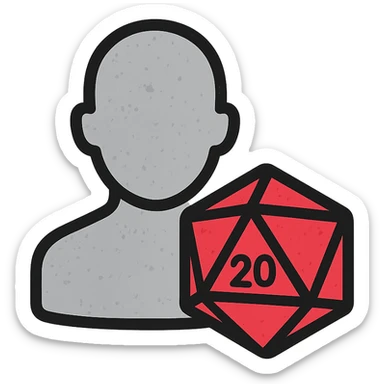 minimalist gray icon of a player silhouette with a D20 dice, worn distressed look sticker