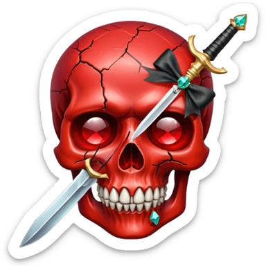 make me a red crystal skull partly see thew super gem like make it realistic and held together by a black bow and a small dager to the eye with cracks coming from it  sticker