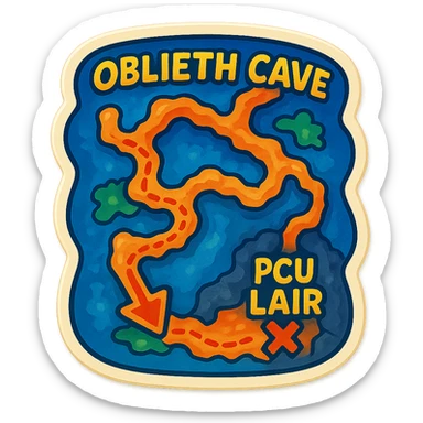 a hand drawn map of how to navigate the Oblieth cave system to find the PCU Lair sticker