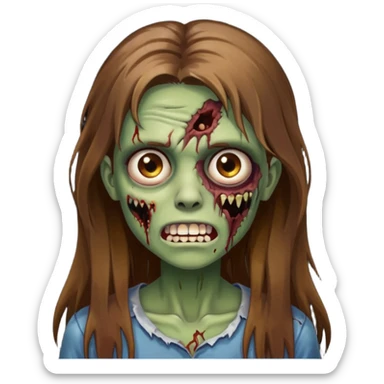 Girl zombie with brown long hair with teeth and serious face IOS style sticker