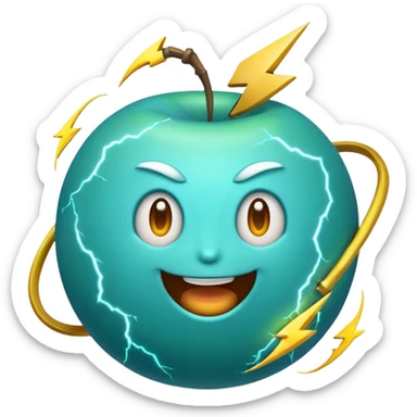 Uranus emoji in Apple-style, blue-green planet with rings, big excited playful face, prominent bold lightning bolt, radiating chaotic electric energy sticker