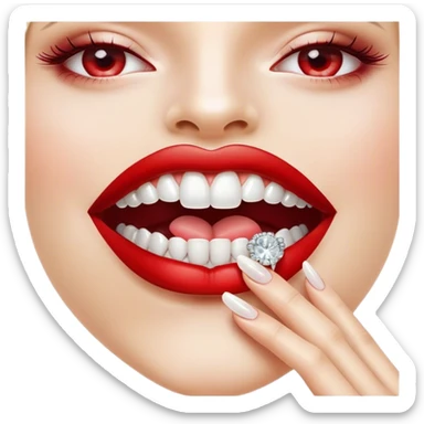 Glossy, bright red lips slightly parted. Inside, sparkling diamonds grillz. A playful tongue touching the teeth. A long, elegant fingernail with a soft white shade. No face! only lips and finger sticker