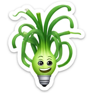 Smiling green onion with a bundle of long, thin green stalks as hair, big expressive eyes, and a cheerful cartoonish face on the white bulb section. Vibrant and playful design. sticker