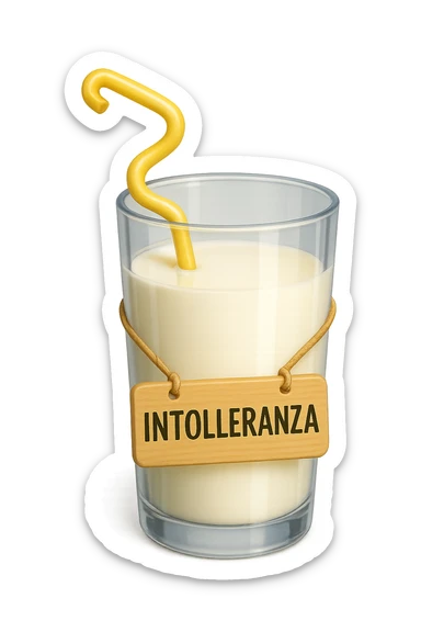 emoji stile iphone di un BICCHIERE DI LATTE CON COLON ATTORCIGLIATO INTORNO, HA UN CARTELLO CON LA SCRITTA "INTOLLERANZA" iperrealistico 4k, isolato su sfondo bianco sticker