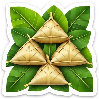 Dragon Boat Festival rice dumplings Zongzi wrapped in bamboo leaves, simplified emoji style with bold outlines and bright colors, cartoon style traditional pyramid-shaped food sticker