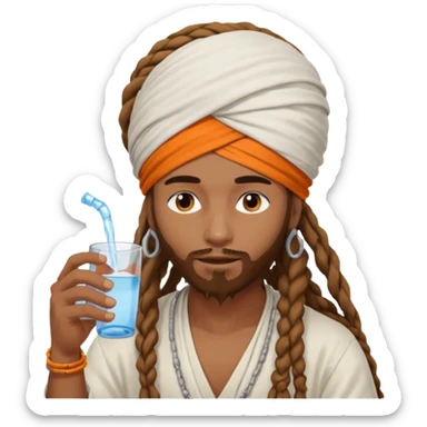 Brownskin man with long dreadlocks add a white turban on his head orange shirt drinking  sticker