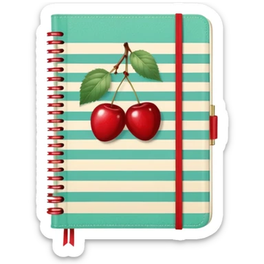 Cute vintage notebook cover, mint and cream vertical stripes, red spine
Hand-drawn cherries with leopard bow, playful feminine aesthetic
Flat illustration, clean composition, soft retro color palette sticker