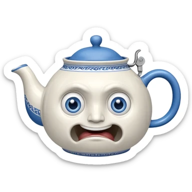 It is a large teapot with legs and a handle extending into an arm. It also has a face with wide-open blue eyes, the frowning like face. sticker